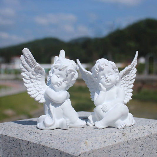 Set of 2 Cherubs Angels Resin Statue Figurine, Indoor Home Decoration, Adorable Angel Sculpture Memorial Statue 4" - White