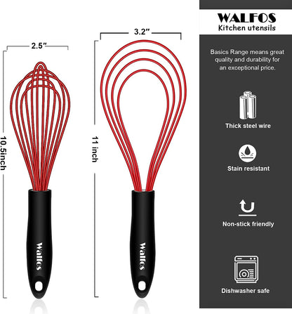 Flat Whisk,11In Flat Whisk and 10In Balloon Whisk Perfect for Whisking, Flat Roux Whisk, Gravy Stirring, BPA Free, Dishwasher Safe.2Pcs RED