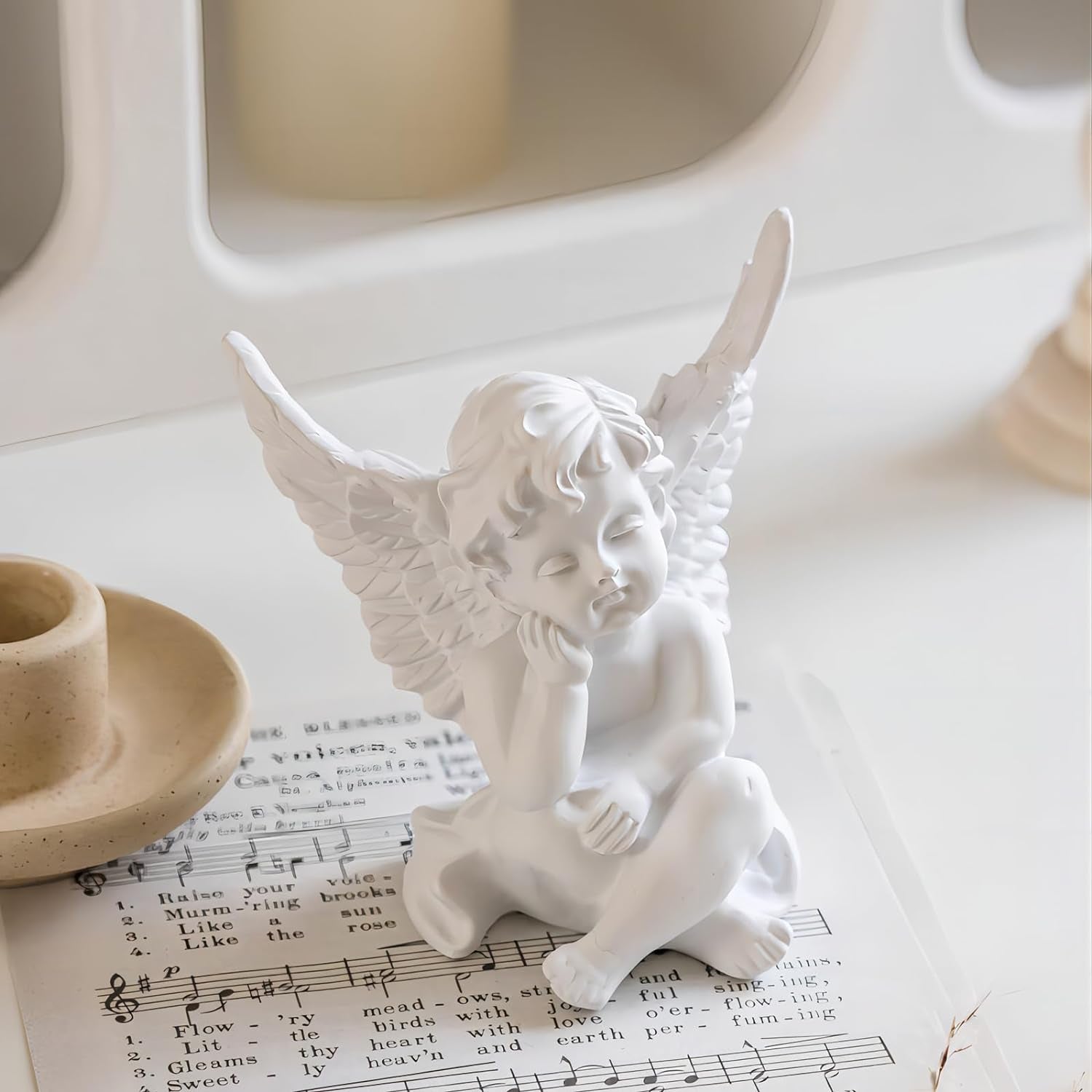 Set of 2 Cherubs Angels Resin Statue Figurine, Indoor Home Decoration, Adorable Angel Sculpture Memorial Statue 4" - White