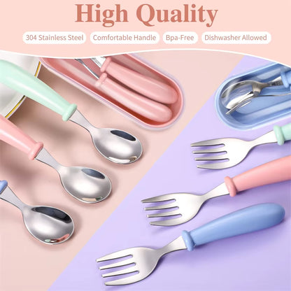 3Pcs Children Spoon Forks Box Kids Stainless Steel Kids Cutlery Portable Baby Feeding Utensils Baby Spoons Baby Tableware Set