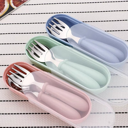 3Pcs Children Spoon Forks Box Kids Stainless Steel Kids Cutlery Portable Baby Feeding Utensils Baby Spoons Baby Tableware Set