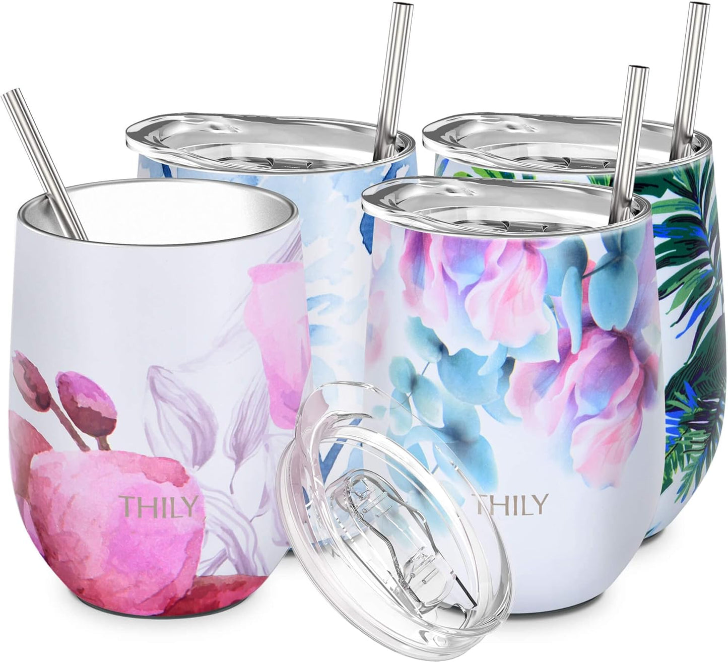 Stainless Steel Stemless Wine Tumbler 4 Pack Vacuum Insulated Travel Wine Glasses with Sliding Lids and Straws, 12 Oz, Keep Cold for Juice, Coffee, Beer, Flower Series